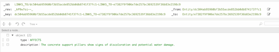 ArangoDB Document samples of Entities & Relationships extracted by the LLM through the VSS Pipeline